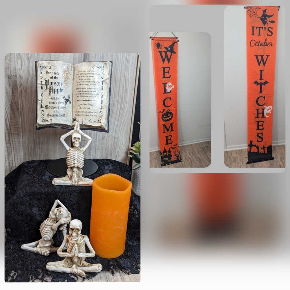 Halloween Yoga Skeletons Spell Book Decor Flameless Candle & Banners (8)Pc